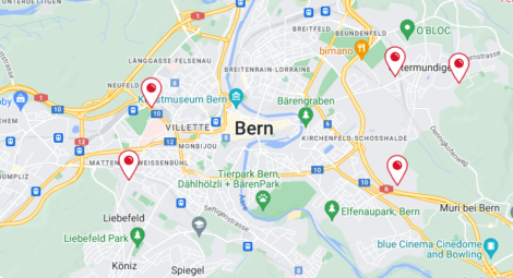 Map with red markings of pop e poppa daycare centers in Bern