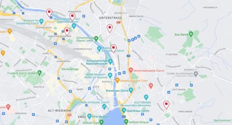 Map with red-white markings of pop e poppa daycare centers in Zurich