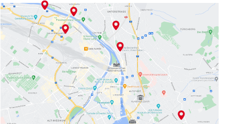 Landkarte mit roten Markierungen der pop e poppa Kindertagesstätten im Raum Zürich
