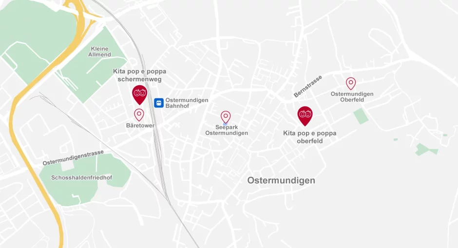 Eine Karte, mit Markierungen der PopePoppa Kitas in Ostermundigen.
