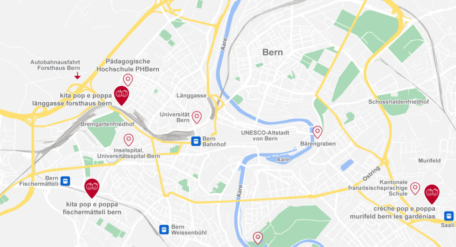Eine Karte, mit Markierungen der PopePoppa Kitas in der Stadt Bern.
