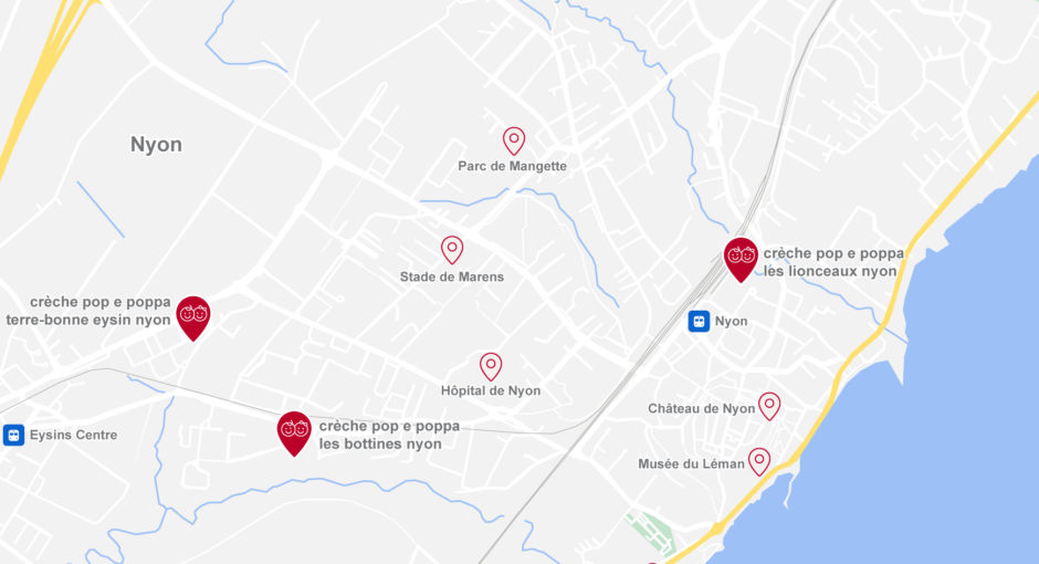 Eine Karte, mit Markierungen der PopePoppa Kitas in Nyon.