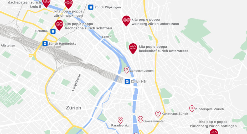 Eine Landkarte, mit Markierungen der pop e poppa Kindertagesstätten in der Stadt Zürich.